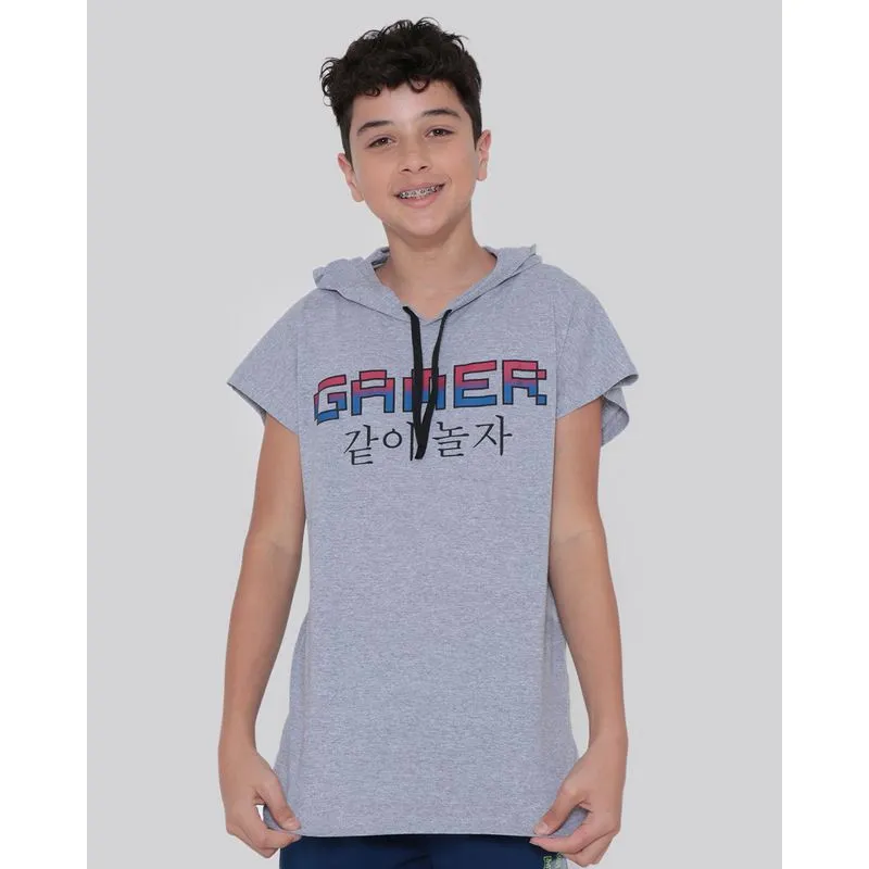 Camiseta Juvenil Com Capuz Gamer Cinza 14