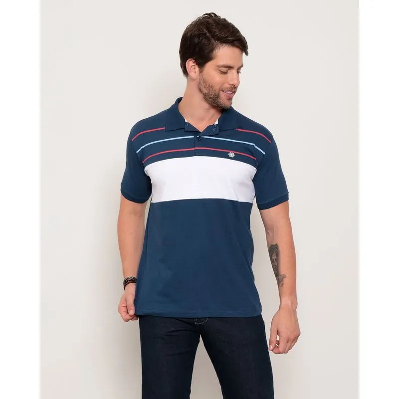 Polo Masculina Listrada Manga Curta Azul Escuro G