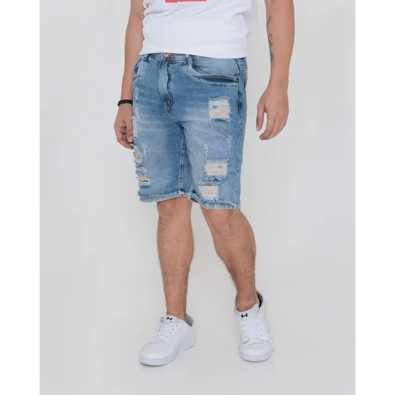 Bermuda Jeans Masculina Estonada Destroyed Azul Claro 40