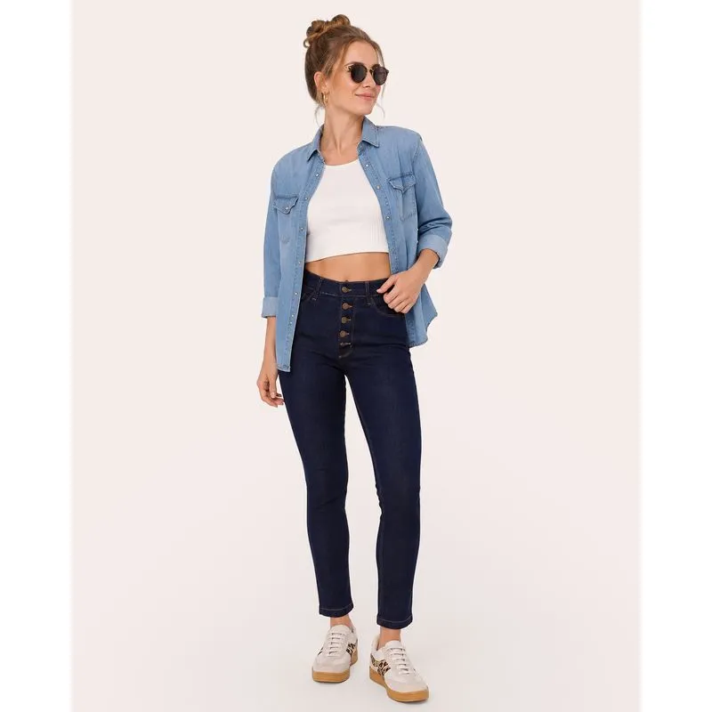 Calça Jeans Feminina Cigarrete Botões Azul Escuro 46