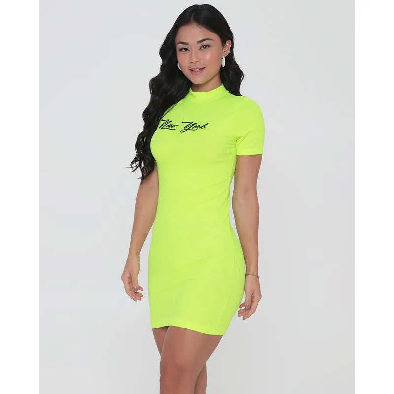 Vestido Feminino Canelada Gola Alta New York Neon Verde M