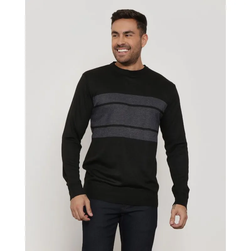 Suéter Tricô Masculino Gola Redonda Listrado Preto M
