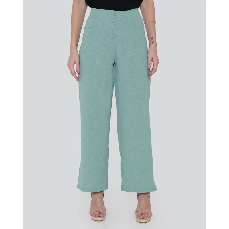 Calça Pantalona Feminina Botões Verde Claro P