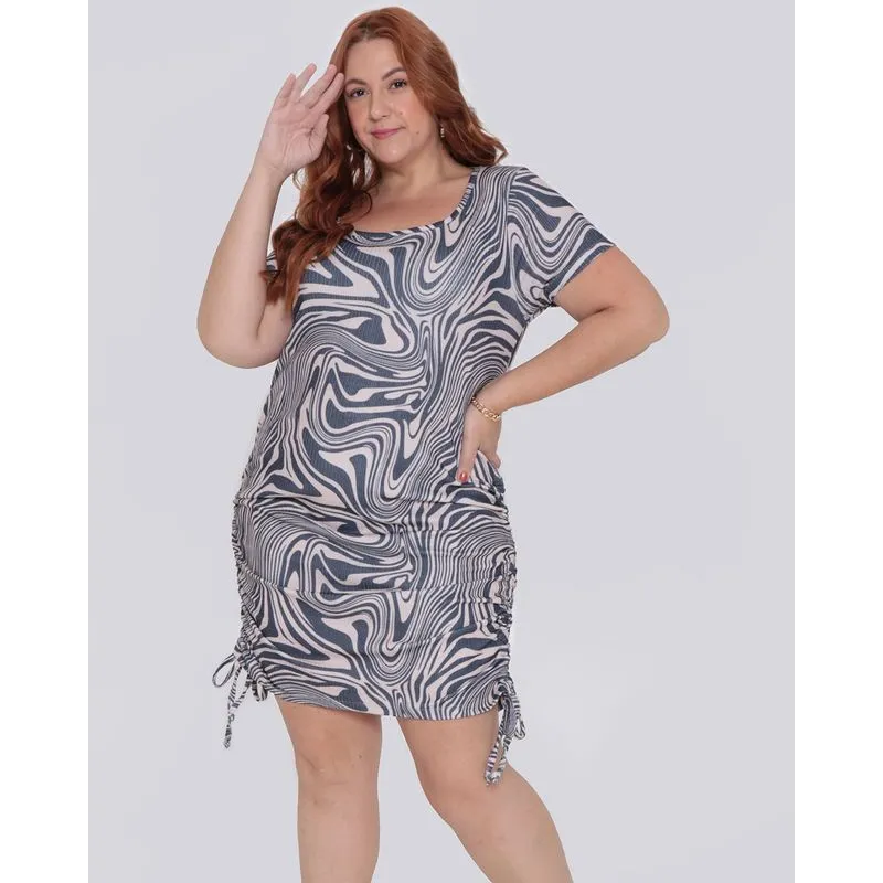 Vestido Plus Size Feminino Coulisse Estampado Bege G2