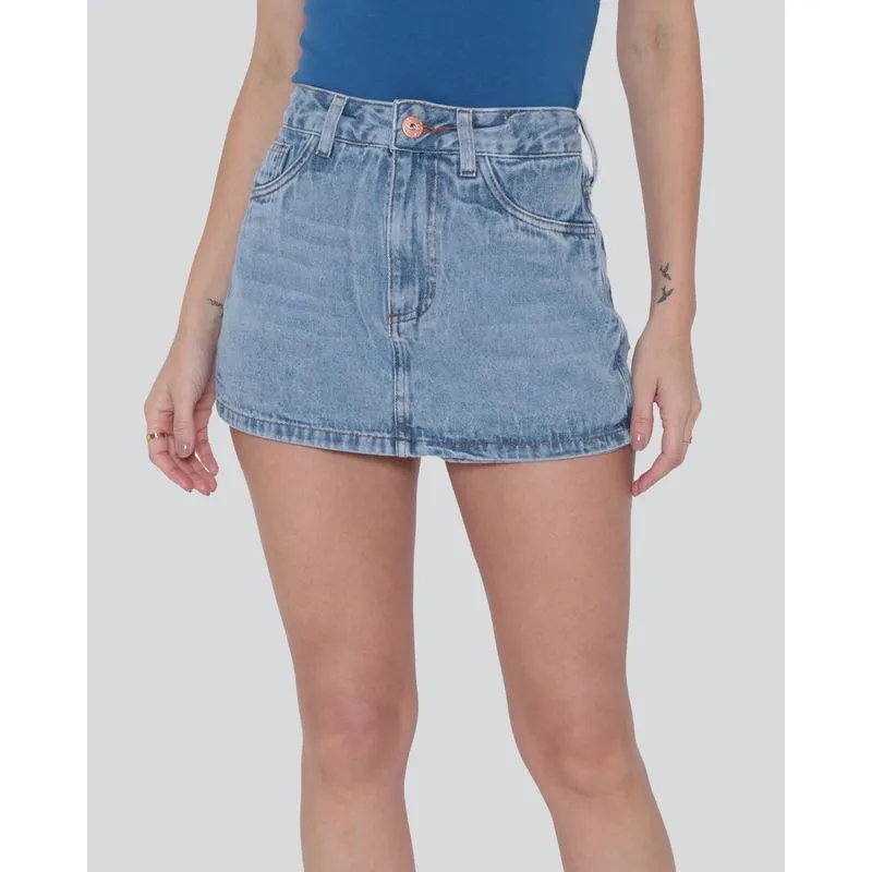 Short Saia Jeans Feminino Estonada Azul Claro 40