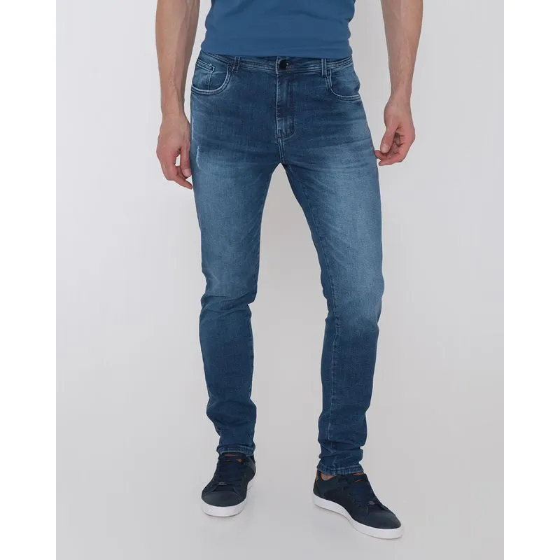 Calça Jeans Masculina Slim Puídos Azul Médio 44