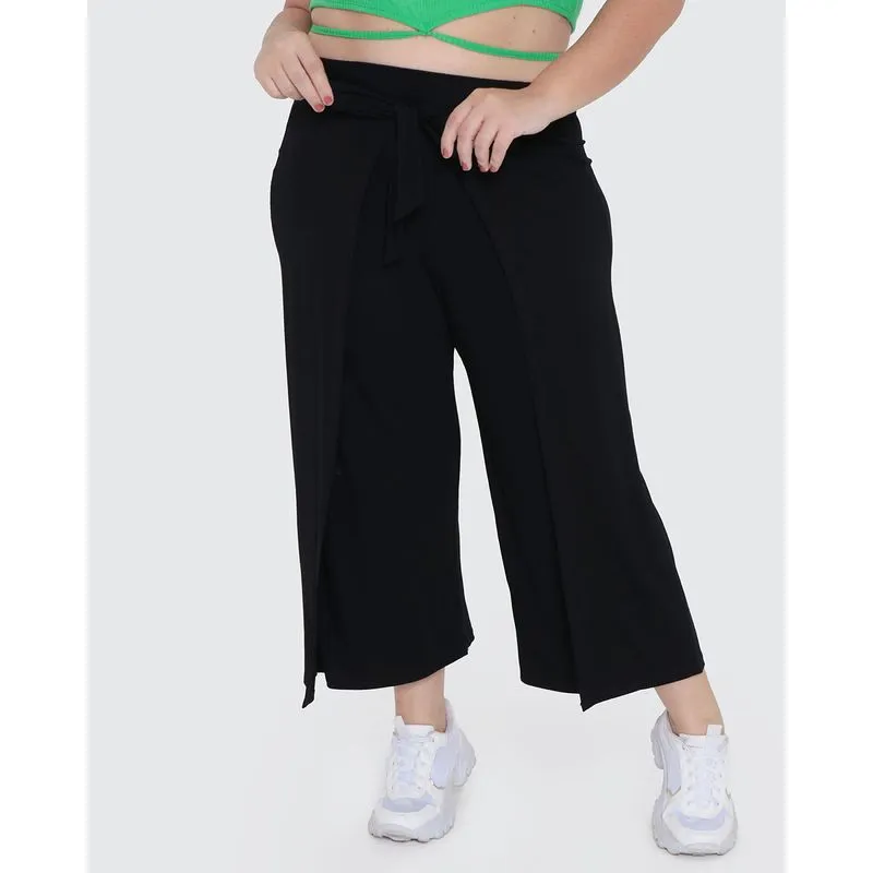 Calça Pantacourt Feminina Plus Size Amarração Preta G1