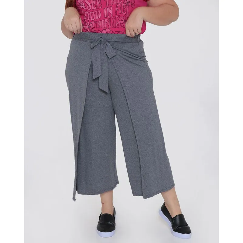 Calça Pantalona Feminina Plus Size Amarração Cinza G2