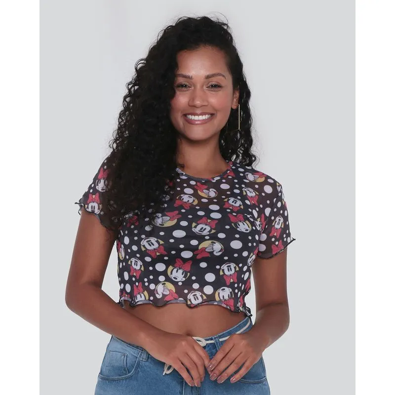 Blusa Feminina Cropped Tule Frufru Minnie Disney Preto P