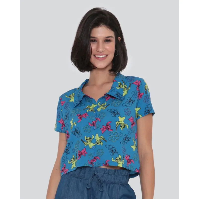 Camisa Feminina Estampa Stitch Disney Azul P
