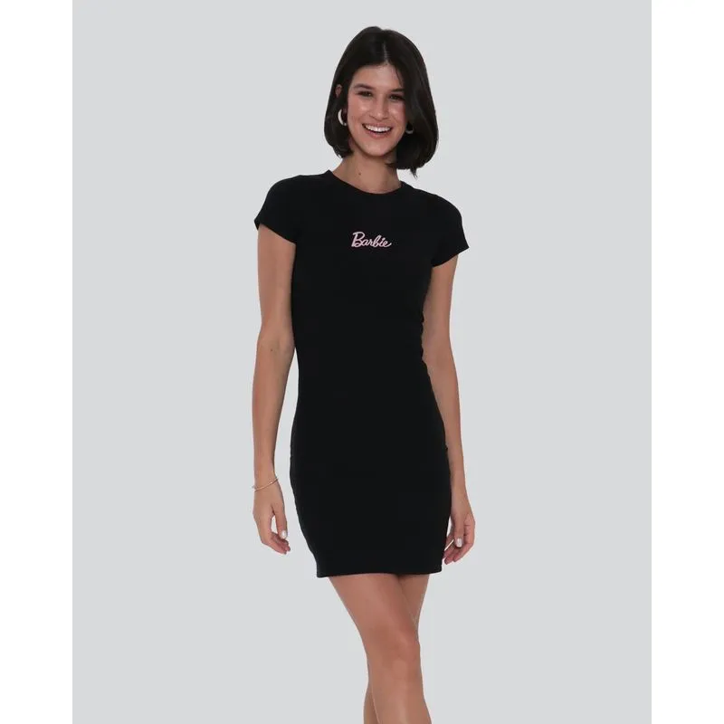 Vestido Feminino Canelado Bordado Barbie Preta M