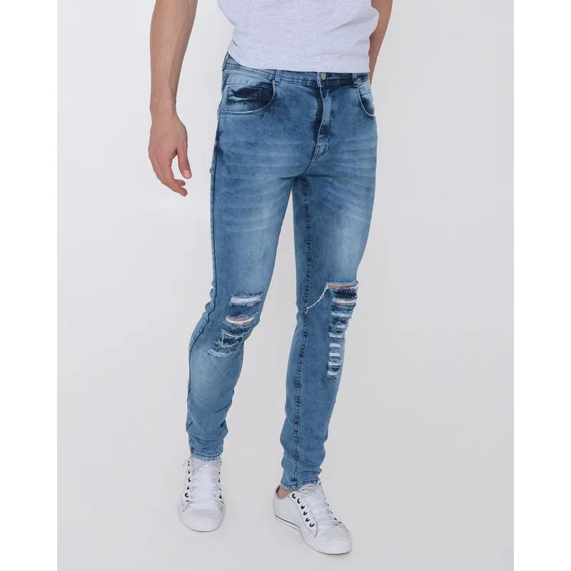 Calça Jeans Masculina Marmorizada Destroyed Azul 48
