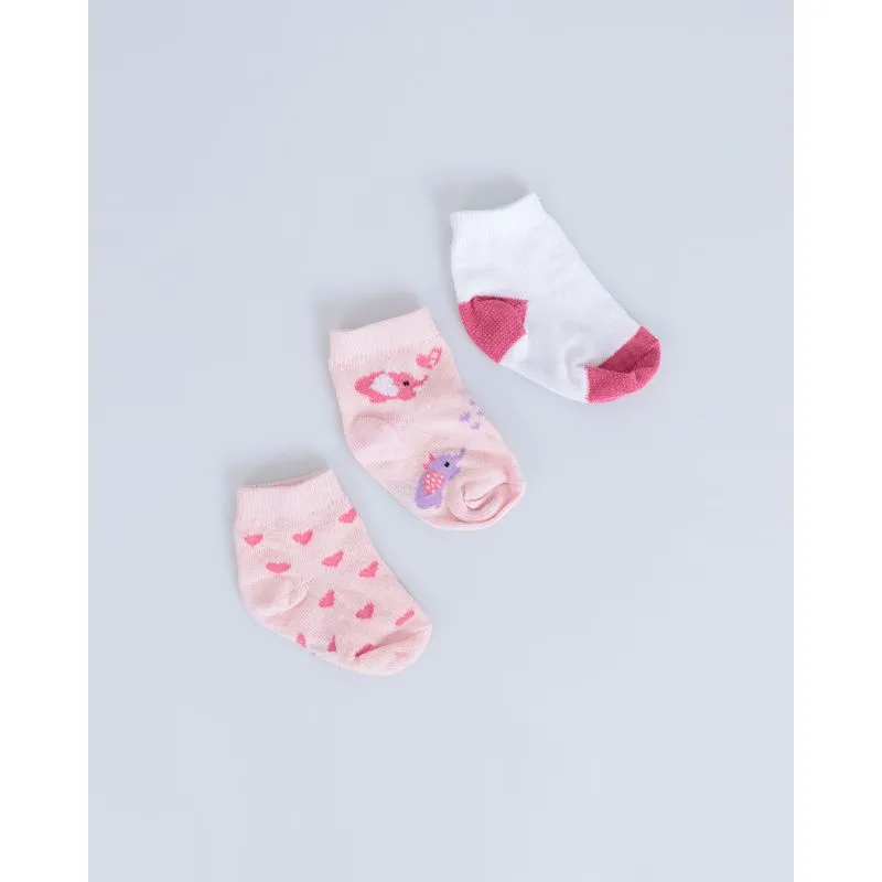 Kit Meia Bebê 3 Pares Soquete Elefante Rosa Branco 19 A 21
