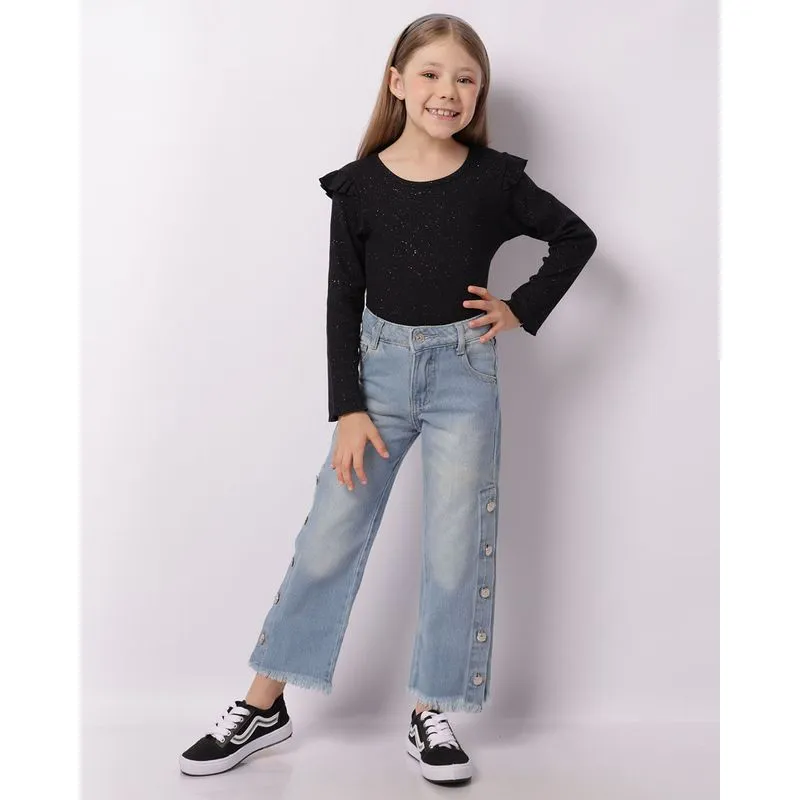 Calça Jeans Infantil Wide Leg Com Botões Azul 4