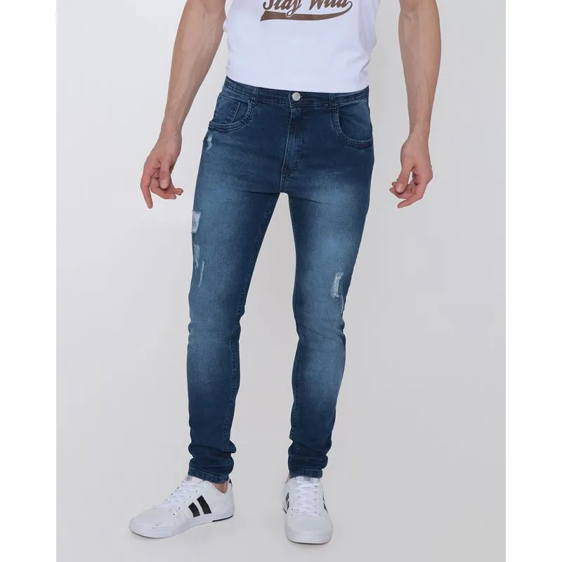 Calça Jeans Masculina Puídos Slim Azul Médio 38