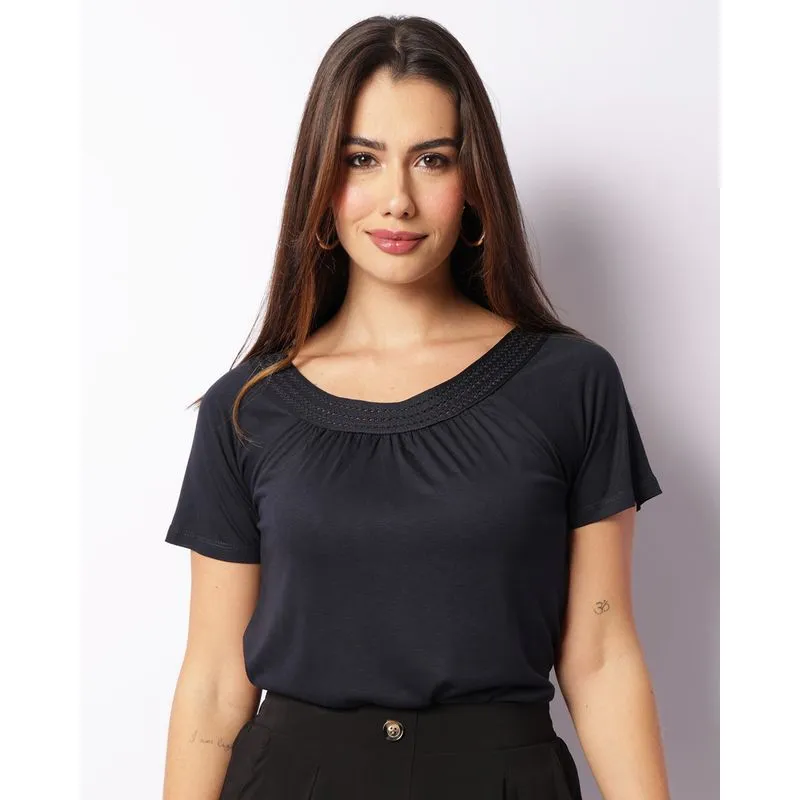 Blusa Feminina Manga Curta Viscose Detalhe Entremeio Marinho M