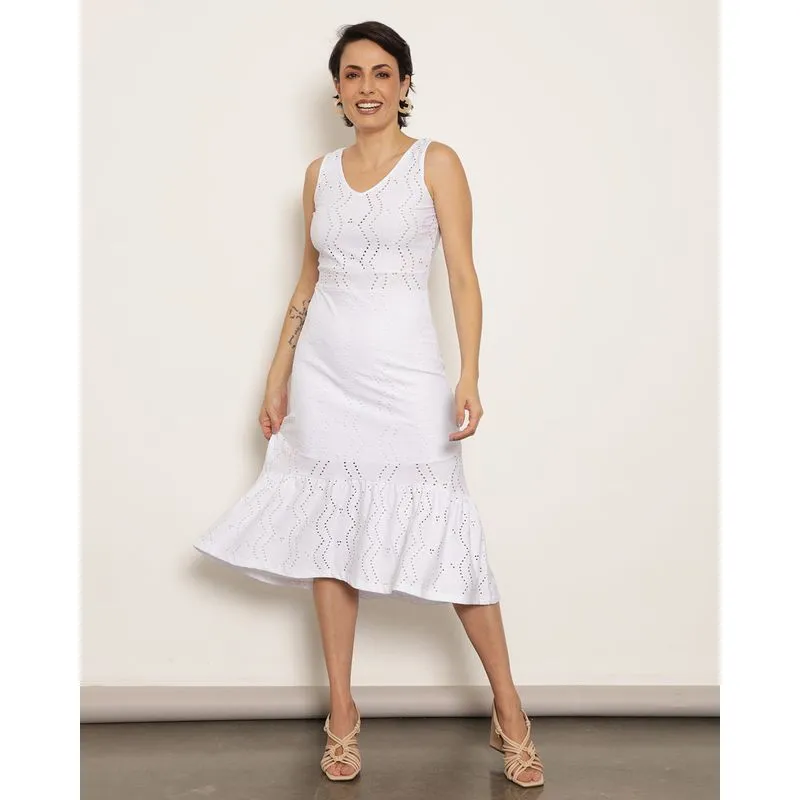 Vestido Feminino Regata Midi Laise Com Babados Off White P