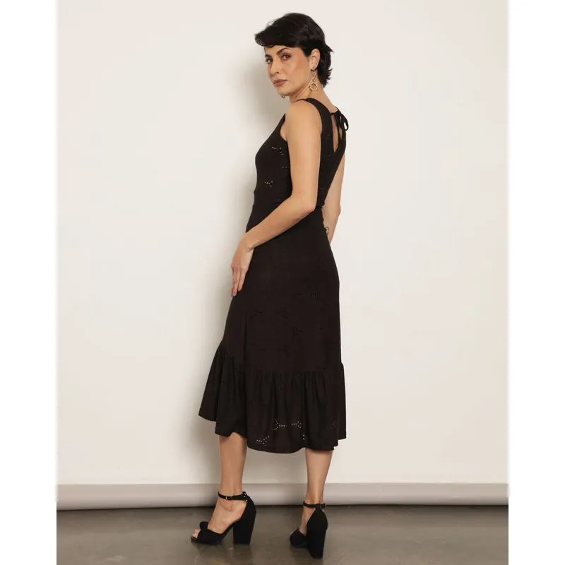 Vestido Feminino Regata Midi Laise Com Babados Preto P