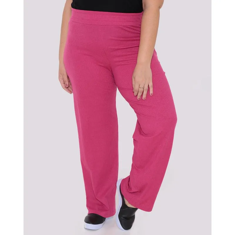 Calça Plus Size Reta Canelada Rosa G3