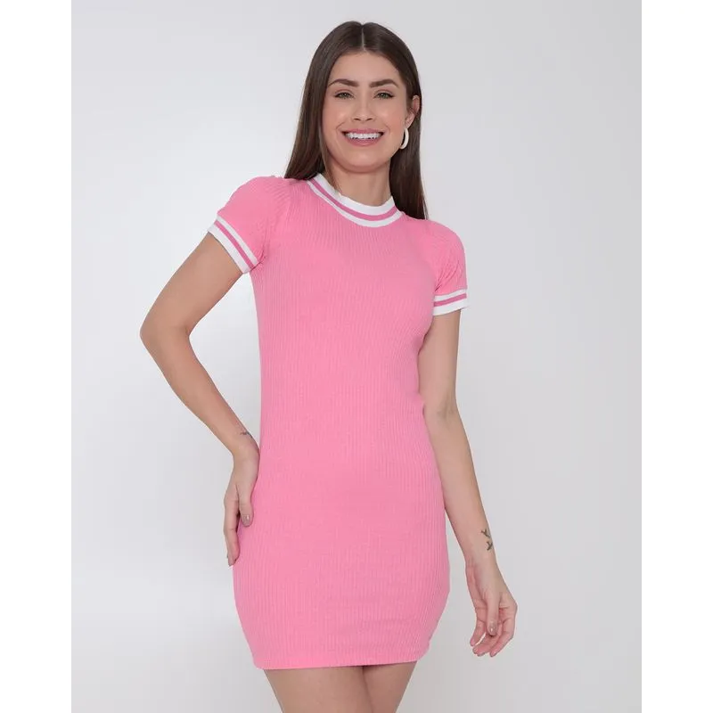 Vestido Feminino Canelado Rosa Claro P