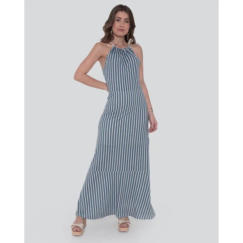 Vestido Feminino Longo Listrado Azul G