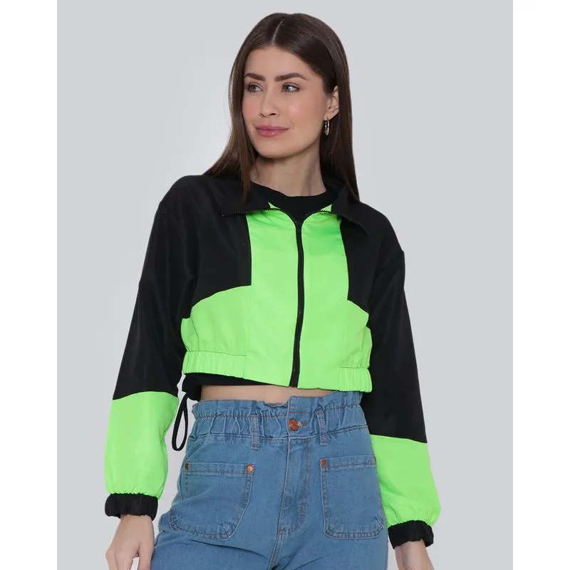 Jaqueta Cropped Feminina Corta Vento Neon Preta G