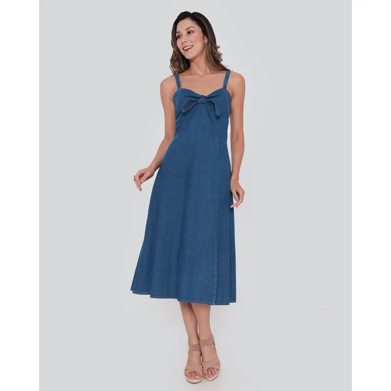 Vestido Feminino Jeans Midi Laço Azul 46