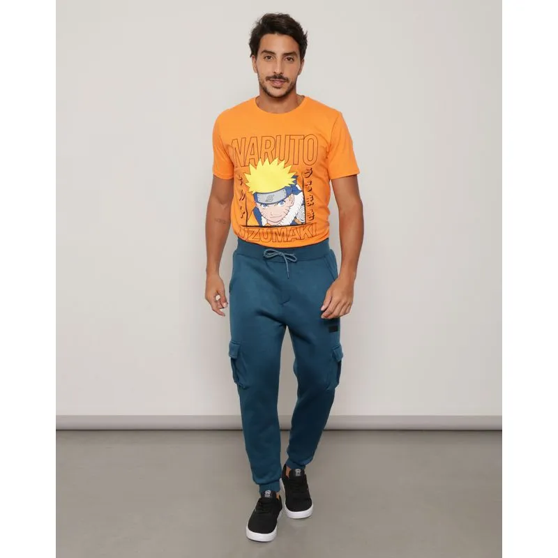 Calça Moletom Masculina Bolso Cargo Jogger Azul Médio P