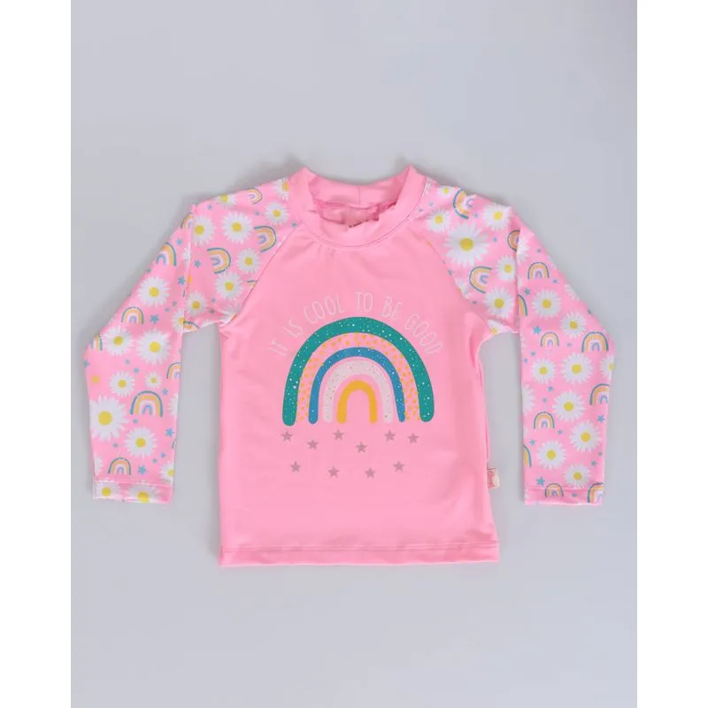 Blusa Bebê Praia UV Estampa Margaridas Lisa Rosa 1