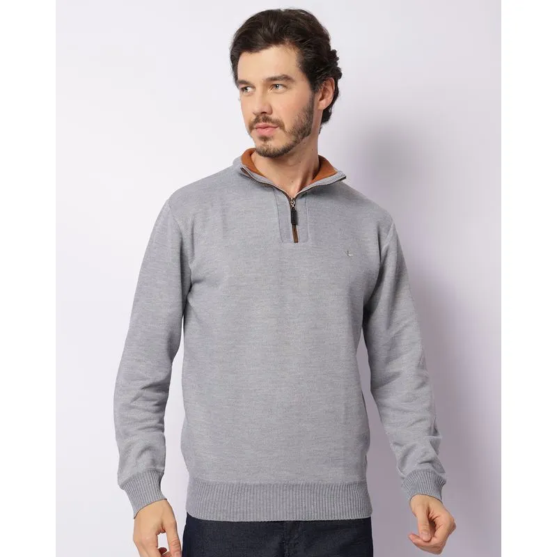 Suéter Masculino Tricô Gola Alta Com Zíper Cinza M