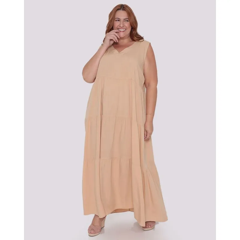 Vestido Plus Size Feminino Berry & Co. Viscose Longo Folhagem Bege G3