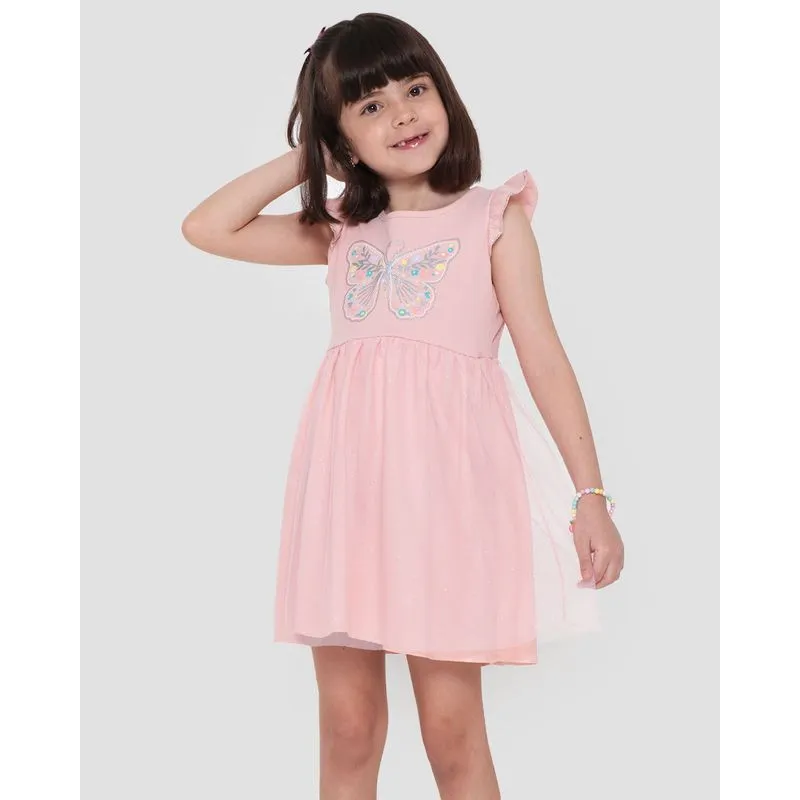 Vestido Infantil Tule Glitter Estampa Borboleta Rosa Claro 6