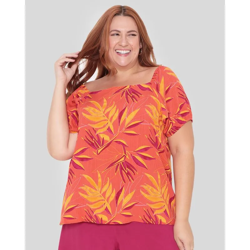 Blusa Plus Size Floral Laranja G2