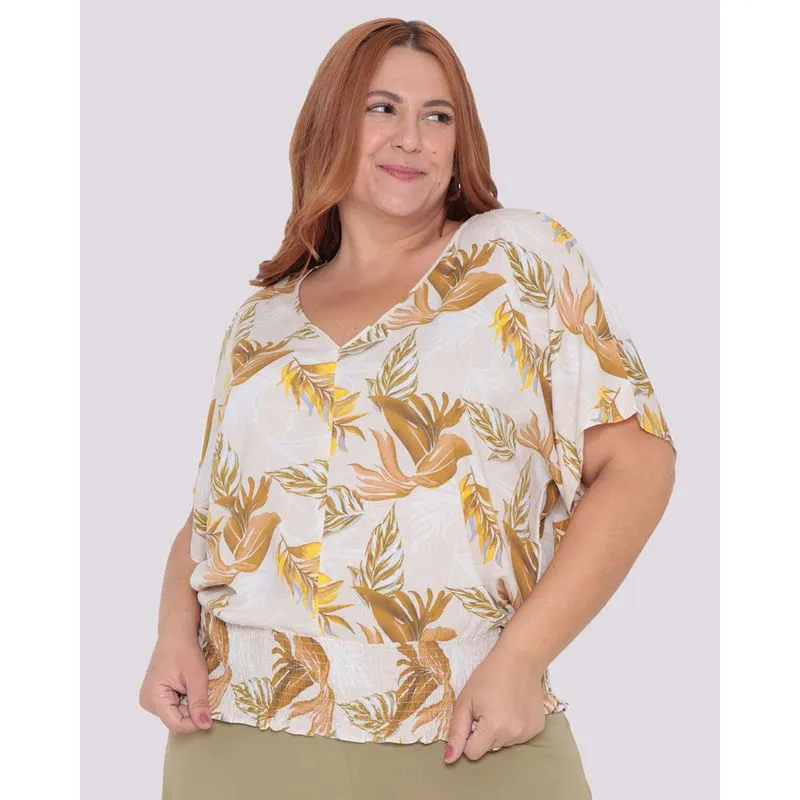 Blusa Plus Size Feminina Lastex Floral Bege G2