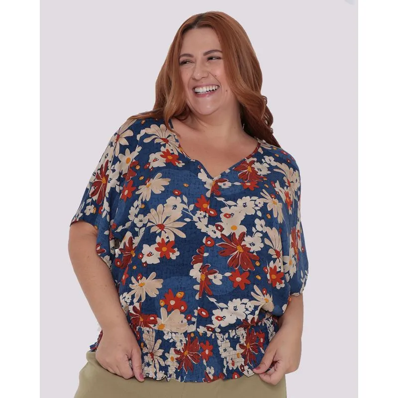 Blusa Plus Size Feminina Lastex Floral Azul G3