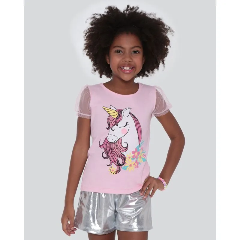 Blusa Infantil Estampa Unicórnio Glitter Rosa Claro 10