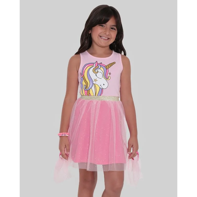 Vestido Infantil Glitter Tule Asas Unicórnio Rosa Claro 10