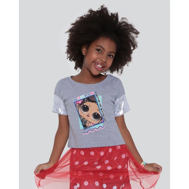 Blusa Cropped Infantil LOL Surprise Manga Paetê Cinza 6