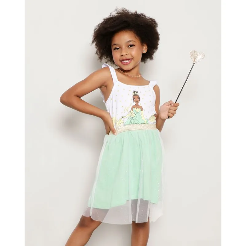 Vestido Infantil Glitter Tule Tiana Com Brinde Disney Branco 10