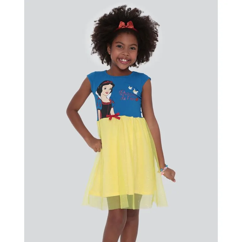 Vestido Infantil Brinde Tiara Branca De Neve Disney Azul 10