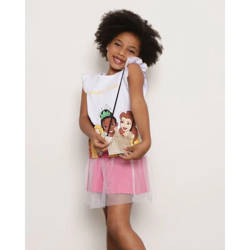 Conjunto Infantil Glitter Princesas Disney Brinde Coroa Branco 4