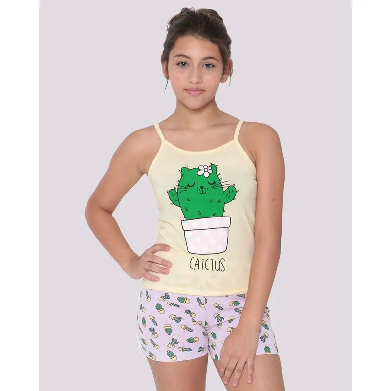Pijama Juvenil Curto Alcinha Estampa Cacto Amarelo 12