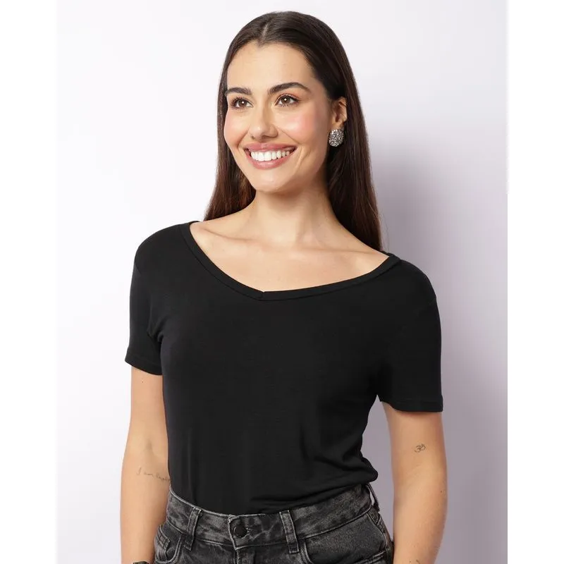 Blusa Feminina Manga Curta Decote V Básica Preta G