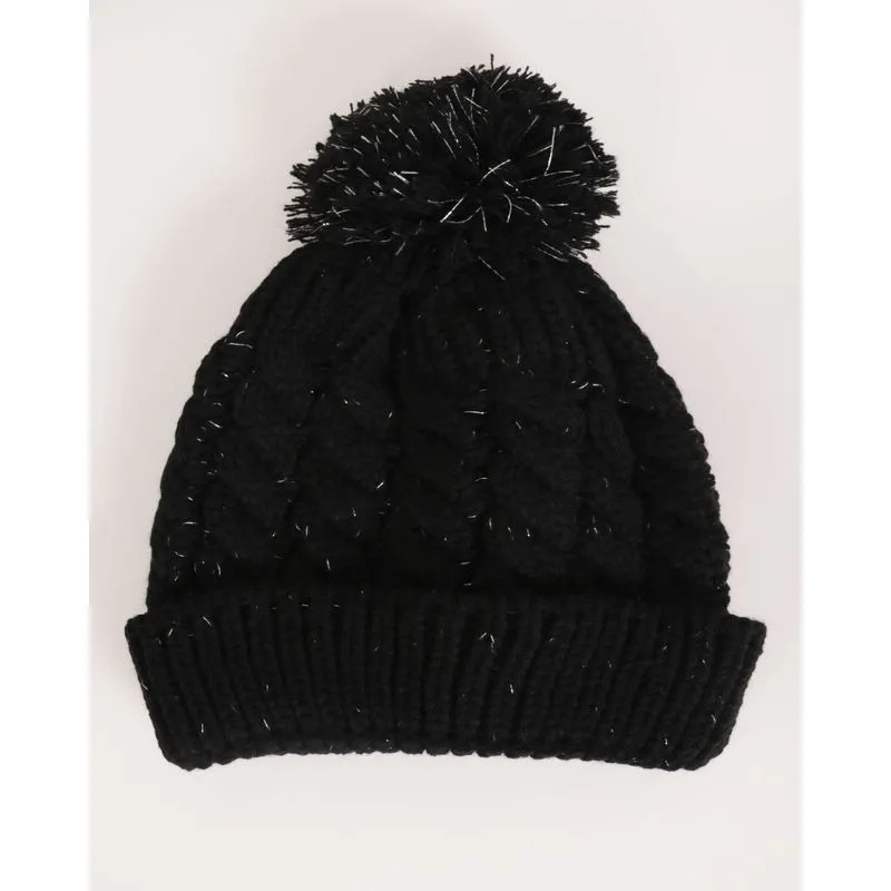 Gorro Feminino De Tricô Trançado Mesclado com Pompom Preto UN