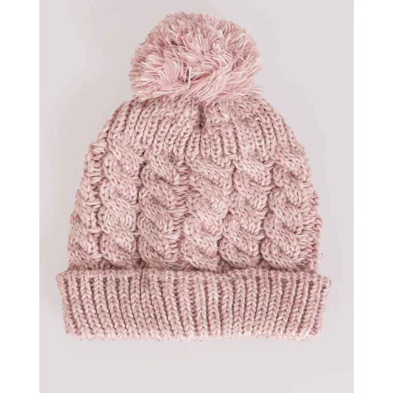 Gorro Feminino De Tricô Trançado Mesclado com Pompom Rosa Claro UN
