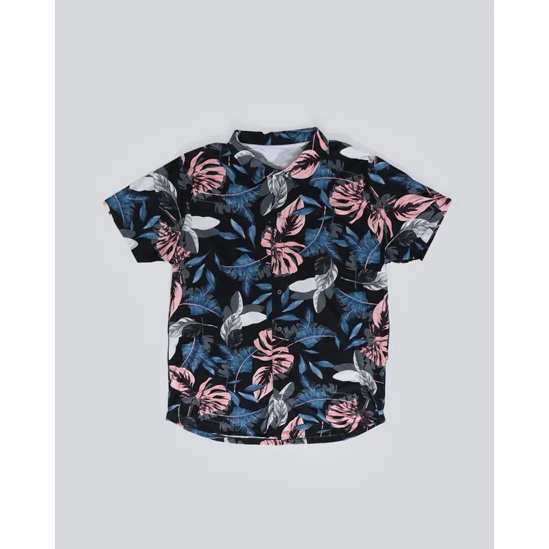 Camisa Plus Size Masculina Estampa Folhagem Preta G3