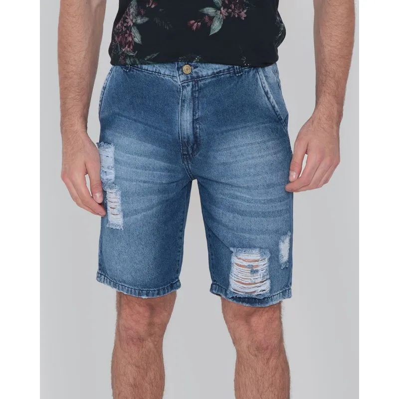 Bermuda Jeans Masculina Destroyed Azul 36