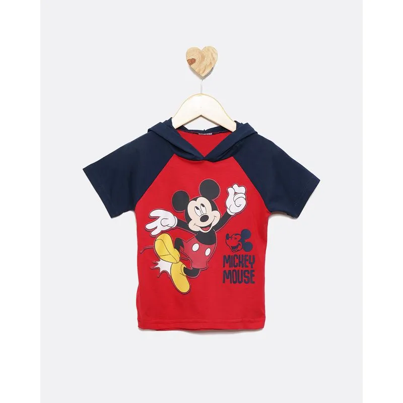 Camiseta Bebê Disney Mickey Com Capuz Manga Raglan Curta Vermelho 1