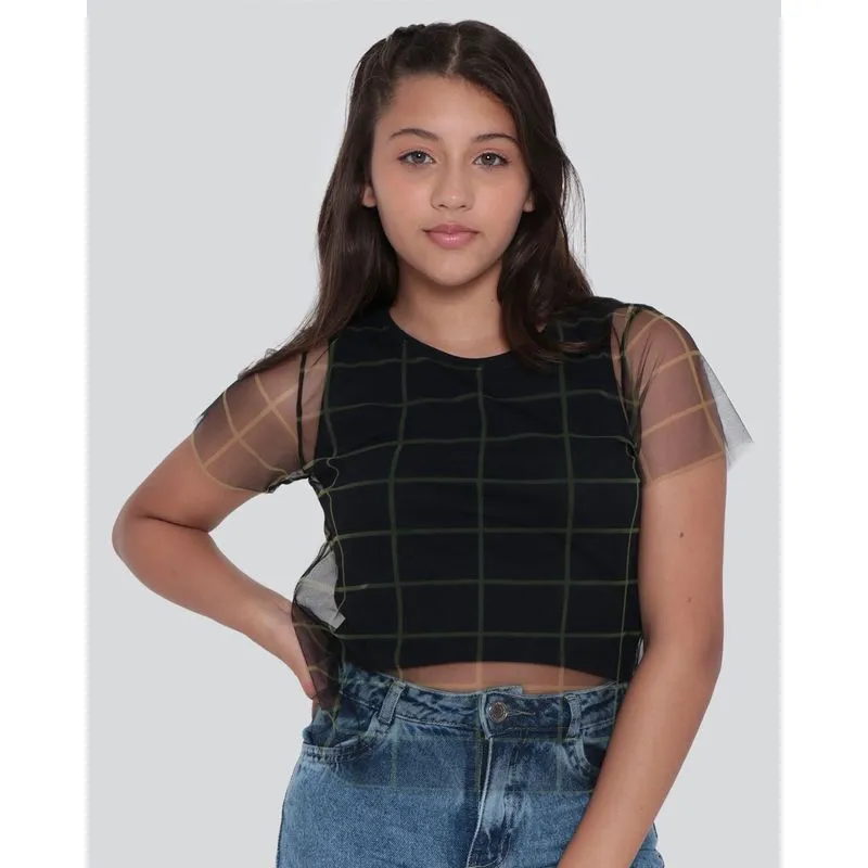 Blusa Juvenil Cropped Sobreposição Tule Preta 16