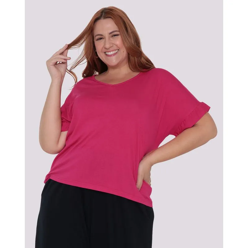 Blusa Feminina Plus Size Decote V Babados Rosa G1